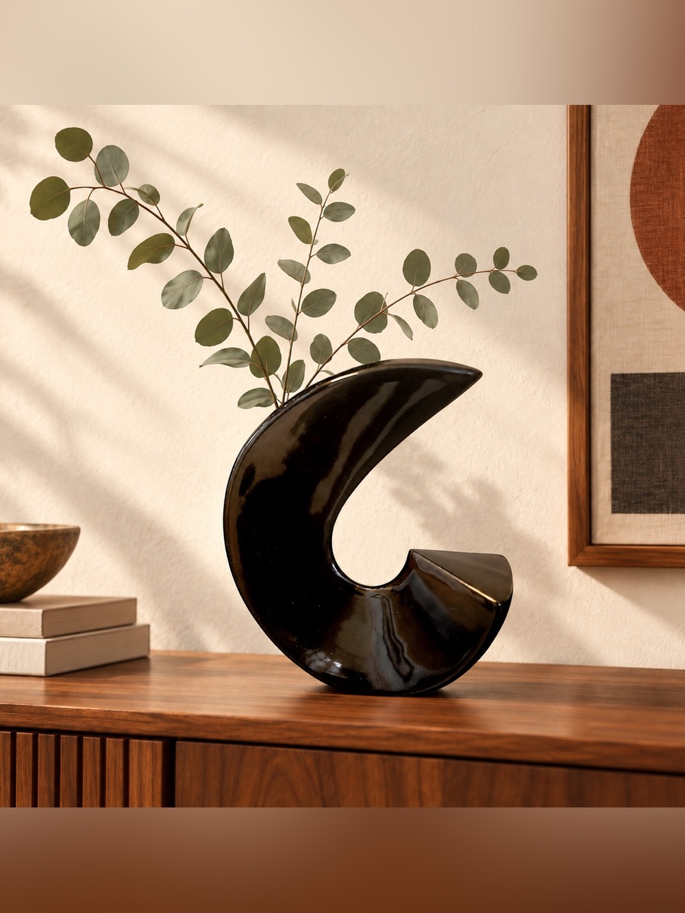 Vtg Japanese Toyo Sculptural Crescent Moon Black Vase Gloss Plantiques Modernist
